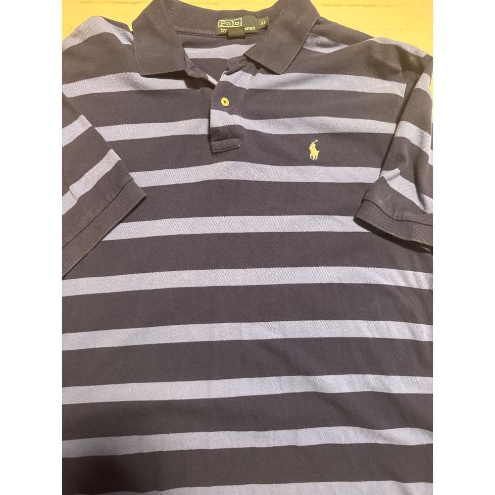Polo Ralph Lauren Polo Shirt Mens XL Navy Blue Striped Good Short Sleeve Cotton